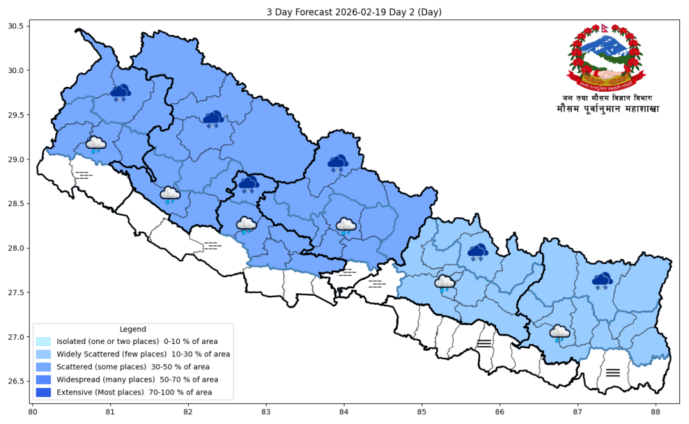 देशमा पश्चिमी वायुको आंशिक प्रभाव, केही स्थानमा हल्का वर्षा र हिमपातको सम्भावना