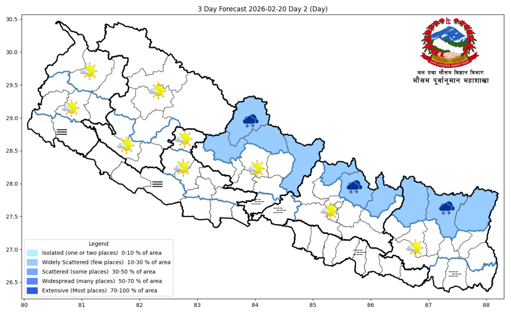 पश्चिमी न्यून चापीय प्रणालीका प्रभावले हल्का वर्षा र हिमपातको सम्भावना