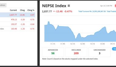 दोहोरो अंकले खुम्चियो सेयर बजार, १३ अंकले घट्दा आठ अर्ब ९९ करोड रुपैयाँको सेयर किनबेच